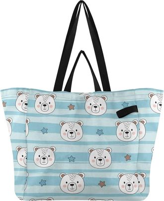 Generic Bear Stars Blue pattern Reusable Canvas Tote Bag, Heavy Duty Grocery Shopping Bag with Double Handles Large Capacity Hard Bottom Work Groceries Travel