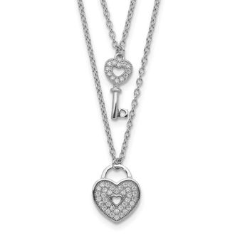 Diamond2Deal Sterling Silver Cubic Zirconia Heart Lock Key Pendant Necklace 16 with 2 Ext