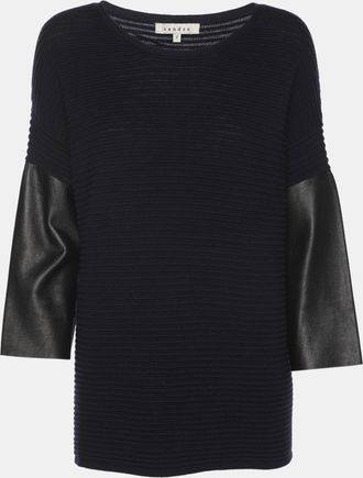 Sandro Navy Blue/black Rib Knit And Leather Top