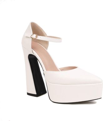 Generic Womens Pointed Toe PU Leather Bridal Shoes Ankle Strap Wedding Dress Shoes with Buckle Chunky High Heel Platform Pumps,White,4.5 UK