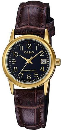 Casio Womens Gold Watch with Black Dial and Brown Leather Band - LTP-V002GL-1B