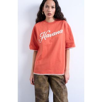Topshop Oversized Havana Graphic Whipstitch Trim T-Shirt in Orange at Nordstrom, Size X-Small P