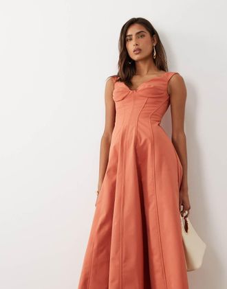Asos Vestito midi strutturato color ruggine con cuciture-Arancione
