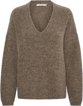 Gestuz Zachte V-hals Pullover Donker Zand Melange - Dames - V-hals truien - Bruin - M - Wol - Truien & Vesten