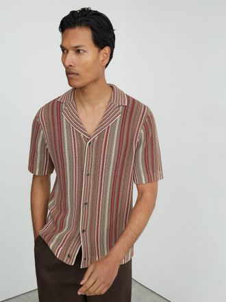 Reiss Red & camel Textured-knit Stripe Cuban-collar Shirt, Xxl