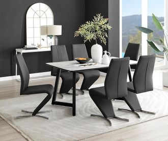 Furniturebox Carson White Marble Effect Dining Table & 6 Willow Chairs in Black