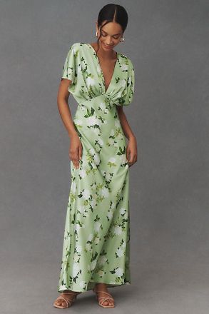 BHLDN Callie Sleeveless Ruched Printed Charmeuse Midi Dress