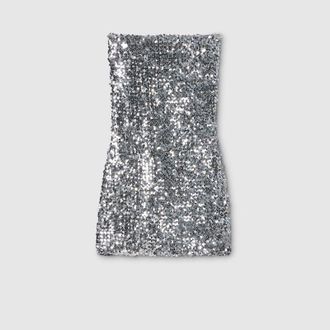 Gucci Embroidered Sequin Elastic Fabric Dress, Silver, Ready-to-wear