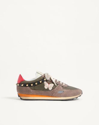 Valentino Garavani Stud Up Trainer In Split Leather And Nylon With Butterfly Embroidery