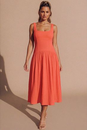 Femme Luxe Womens Square Neck Drop Waist Midaxi Dress - Valentino - Coral - Size 10 UK