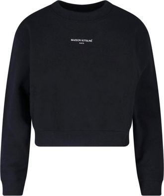 Maison Kitsun&eacute; Black Cropped Crewneck Cotton Logo Sweatshirt