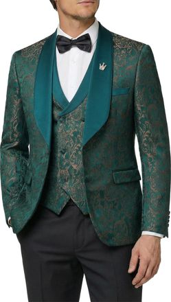 Mys Mens Floral Suit, 3 Piece Slim Fit Paisley Tuxedo, Jacket Pants Vest with Bow Tie for Wedding Prom Dinner, Dark Green, XXL