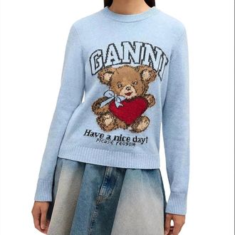 Ganni Teddy Graphic Wool Sweater In Baby Blue