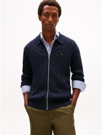Tommy Hilfiger Mens Cable Knit Zip Polo Cardigan - Navy - L