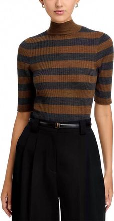 Majestic Filatures Merino Superfine Rib Knit Elbow Sleeve Mockneck Sweater In Camel/anthracite Chine