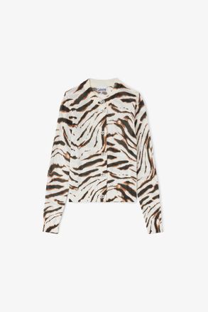 Ganni White Cardigan in Zebra Cotton - Size XS Organic