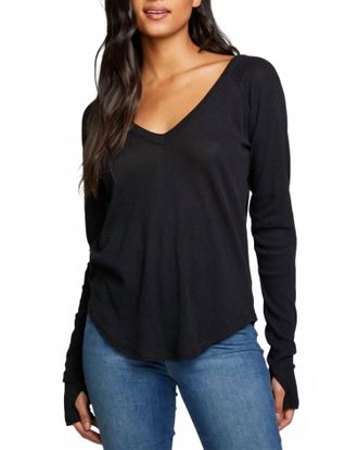 Chaser Waffle Double V Neck Long Sleeve Top In Black