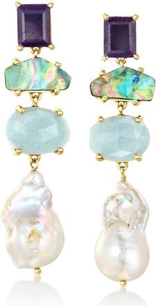 Ross-Simons 12-13mm Cultured Pearl, Aquamarine and Sapphire Drop Earrings With Black Abalone Shell in 18kt Gold Over Sterling