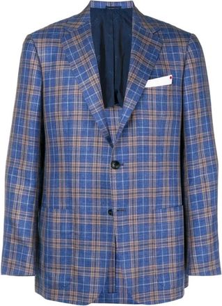 Kiton Geruite Single Breasted Blazer - Heren - Blazers - Blauw - L - Linnen - Jassen