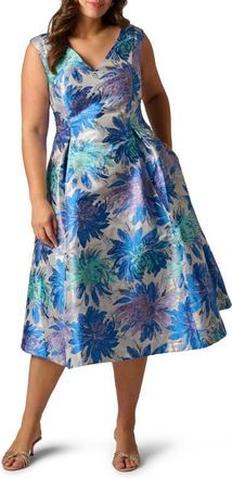 Adrianna Papell Metallic Jacquard Sleeveless Midi Dress in Blue Multi at Nordstrom, Size 24W
