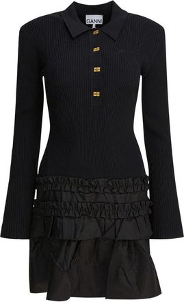 Ganni Kleedjes, Dames, Zwart, M, Nylon, Zwarte Jurk met Gerimpelde Details