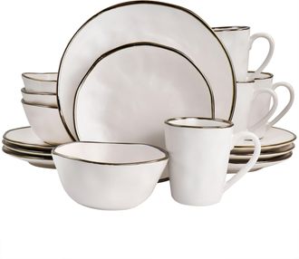 Elama Modern 16 Piece Stoneware Dinnerware Set in Matte Black with Gold Rim