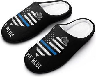 Generic Back The Blue Police Line Flag Heart Men Slippers Funny House Shoes Cotton Slipper for Indoor Outdoor