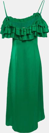 Maje Green Satin Ruffled Rovanta Midi Dress