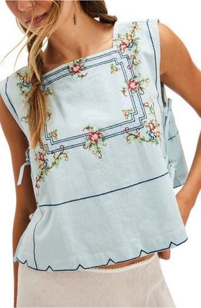 Free People Garden Wall Embroidered Crop Cotton Top in Blue Combo at Nordstrom Rack, Size Medium