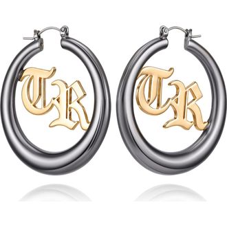 True Religion TR Logo Hoop Earrings in Black Tone at Nordstrom