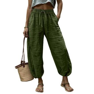 Generic 2026 Spring Fashion Womens Cotton Linen Harem Trousers - Boho Casual Drawstring Elastic Waist Baggy Pants for Yoga Beach Army Green