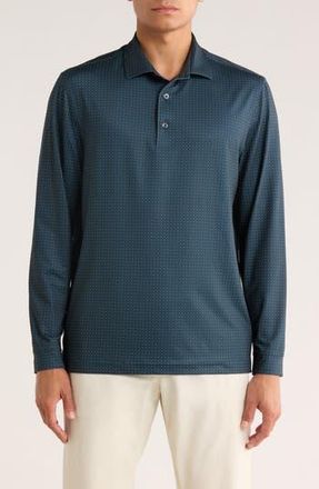 Greg Norman Knotweed Print Long Sleeve Performance Golf Polo in Navy/Green at Nordstrom Rack, Size Xx-Large