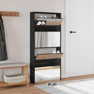 Berkfield Home Shoe Cabinet with Mirror 4-Layer Black 63x17x134 cm | Size: 63 x 17 x 134 cm