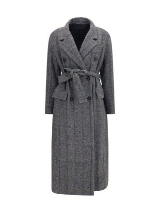 Brunello Cucinelli Womens Long Alpaca-Blend Coat With Belt Grey-Black-Tobacco Grey/black/tobacco