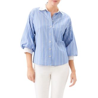 Karen Kane Stripe Lantern Sleeve Cotton Shirt in Blue With Off White at Nordstrom, Size X-Small P