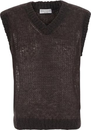Brunello Cucinelli Mouweloze top met V-hals - Dames - V-hals truien - Bruin - XS - Wol - Truien & Vesten