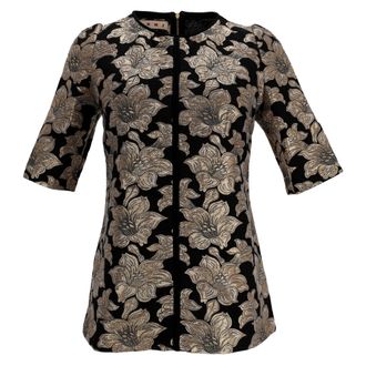 Marni Floral Lurex Jacquard Short Sleeve Blouse in Black Cotton
