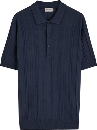 John Smedley Jaxen Ribbed Wool Polo Shirt - Navy - Xxl