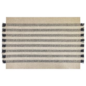 Beliani Alfombra De Lana Blanco Crema Negro 160 X 230 Cm Hecho A Mano Borlas Tacettin
