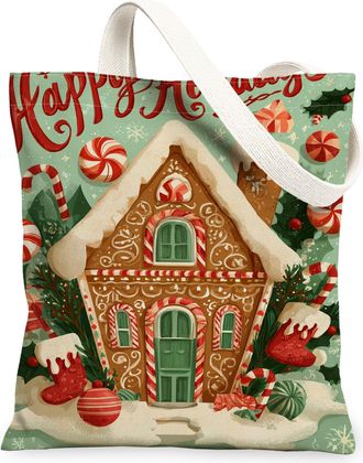 Generic Christmas Gingerbread House Canvas Tote Bags, Holiday Pattern Reusable Grocery Bags, Winter Lightweight Washable Shoulder Strap for Travel 13x15 Inch