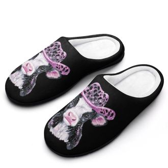 Generic Cute Cow Leopard Sequin Hat Mens House Slippers Memory Foam Washable Cotton Slip on Home Shoes