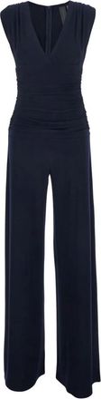 Norma Kamali V-Neck Shirred Jumpsuit - Dames - Jumpsuits - Blauw - M - Polyester - Jumpsuits & Playsuits