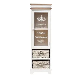 Mobili Rebecca Vitrina de 2 cajones y 1 puerta de madera y mimbre blanca