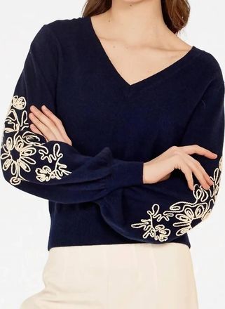 Autumn Cashmere Puff Sleeve Cashmere Sweater With Contrast Embroidery In Navy Combo