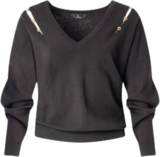 Fracomina Maglia Scollo a V con Spalle Decorate da Gioielli - - Knitwear - Donna - Nero - S