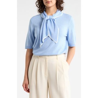 Halogen Tipped Tie Neck Short Sleeve Sweater in Sweet Blue/Ivory at Nordstrom Rack, Size X-Small