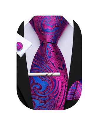 Barry.Wang Mens Tie Paisley Plaid Striped Floral Silky Necktie Pocket Square Cufflinks Clip Set Wedding Party Formal Business (Blue magenta)