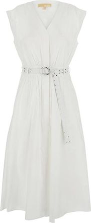 Michael Kors Kleedjes, Dames, Wit, S, Katoen, Stretch Katoen Poplin Midi Jurk met Ceintuur