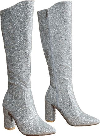 Generic Sparkly Chunky Heel Boots for Spring and - Sexy Round High Boots with Big Heel Women Over the Knee High, silver, 2/2.5 UK