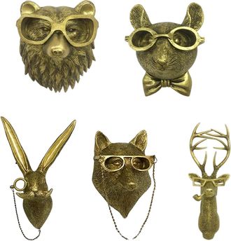 OEM Juego De 5 Cabezas De Animales - Resina De Bronce, Ciervos / Decoraci&oacute;n De Pared Para Jard&iacute;n O Sala De Estar